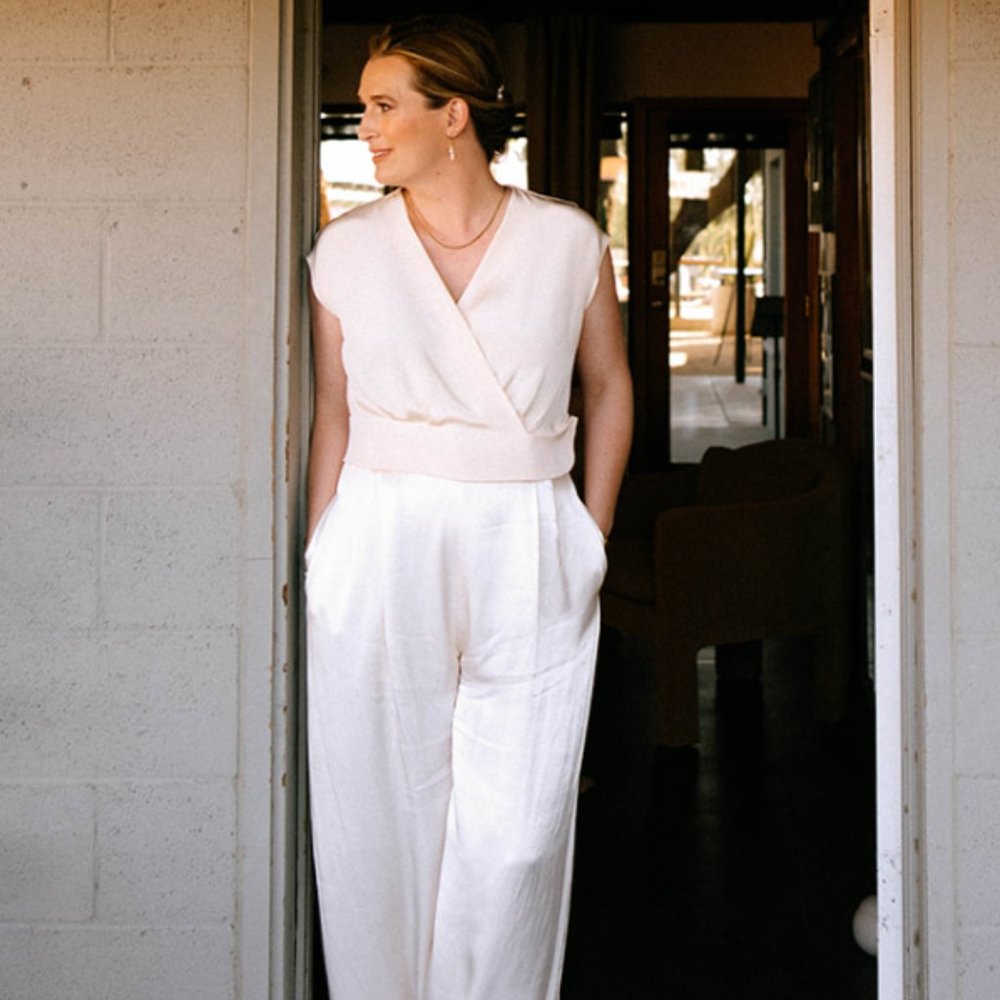 NWT, Shona Joy, LA LUNE WIDE LEG, SILKY TUXEDO TROUSER - CREAM